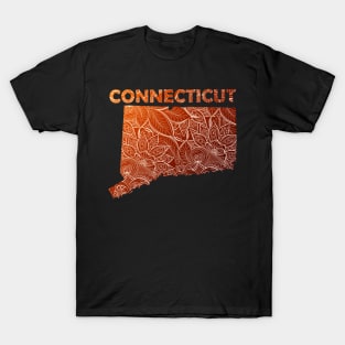 Colorful mandala art map of Connecticut with text in brown and orange T-Shirt